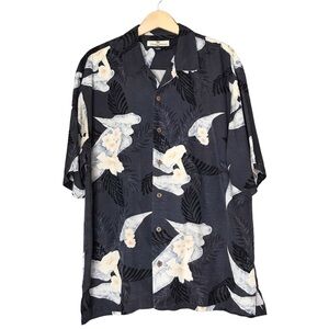 Tommy Bahama Silk Camp Shirt Grey Cream Floral Print Short Sleeve Men’s Large